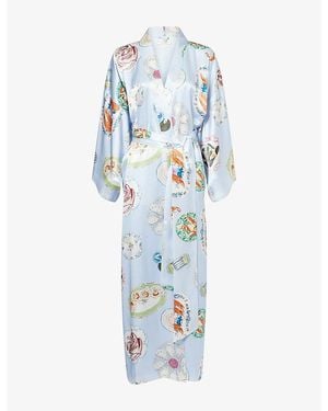 Olivia Von Halle Queenie Printed Silk Robe - Blue
