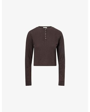 ADANOLA Slub Long-Sleeve Button-Up Cotton Top - Brown