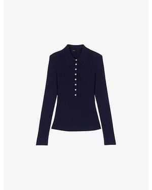 Maje Ribbed Wool And Silk Polo Jumper - Blue