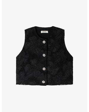 Sandro Cropped Flower-Embroidered Woven Top - Black