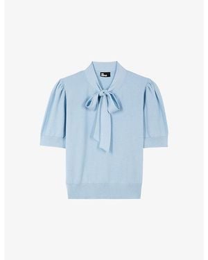 The Kooples Tie-Neck Short-Sleeve Cotton-Blend Jumper - Blue