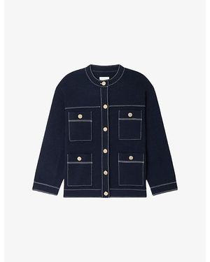 Sandro Four-Pocket Contrast-Stitch Knitted Cardigan - Blue