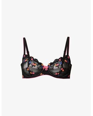 Lounge Underwear Neon Floral-embroidered Bow-embellished Mesh Bra - Black