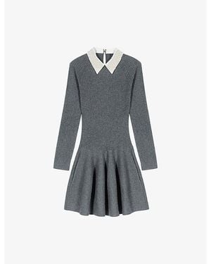 Maje Ribbed Beaded-Collar Stretch-Knit Mini Dress - Grey