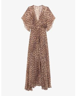 Maje Marron/ V-Neck Leopard-Print Woven Midi Dress - Brown