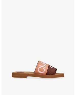Chloé Woody Embroidered-Logo Linen-Blend Sandals - Brown