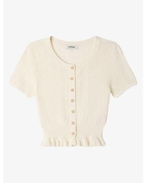 Sandro Pointelle Round-Neck Stretch-Knit Cardigan - Natural