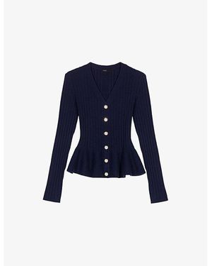 Maje V-Neck Peplum-Waist Stretch-Knit Cardigan - Blue