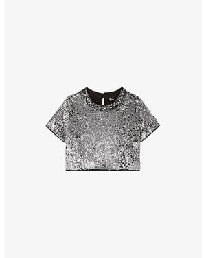 The Kooples Boxy Sequin-Embellished Woven Top - Grey