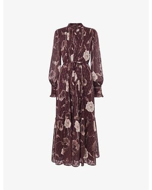 Whistles Floral-Print Tie-Waist Woven Midi Dress - Brown