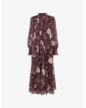 Whistles Floral-Print Tie-Waist Woven Midi Dress - Brown