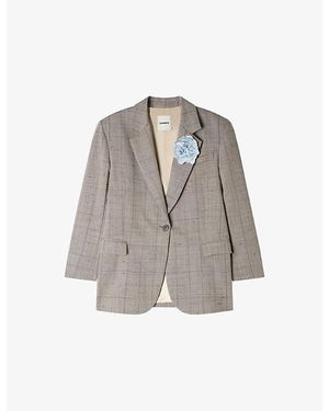 Sandro Checked Flower-Brooch Wool-Blend Jacket - Grey