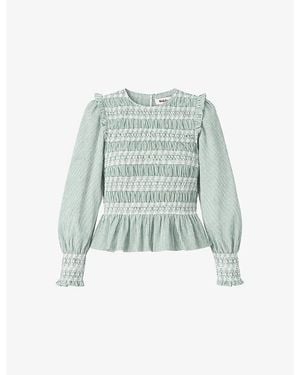 Ro&zo Shirred Stripe-Print Cotton Blouse - Blue