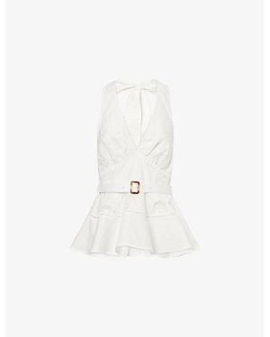 Self-Portrait Halter-Neck Peplum Linen-Blend Top - White