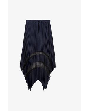 The Kooples Lace-Embroidered Asymmetric-Hem Pleated Woven Midi Skirt - Blue