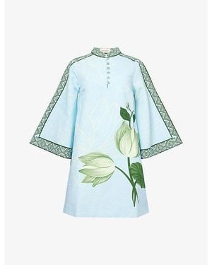 VERANDAH Anj Cotton-Hemp Kaftan Mini Dress - Blue