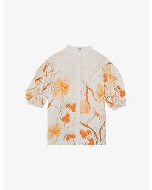 Reiss Louisa Floral-Print Lace-Trim Woven Shirt - White