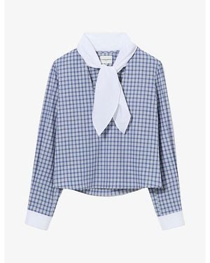 Claudie Pierlot Checked Tie-Neck Cotton-Poplin Blouse - Blue