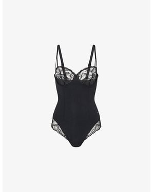 Calvin Klein Sensual Lace-Panel Stretch-Woven Bodysuit - Black