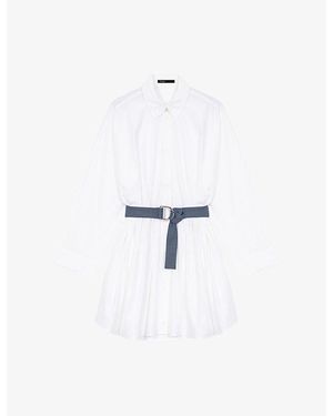 Maje Long-Sleeved Contrast-Belt Cotton Shirt Dress - White