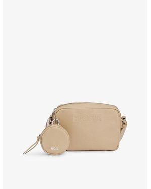 BOSS Logo-Emed Adjustable Leather Cross-Body Strap - Natural