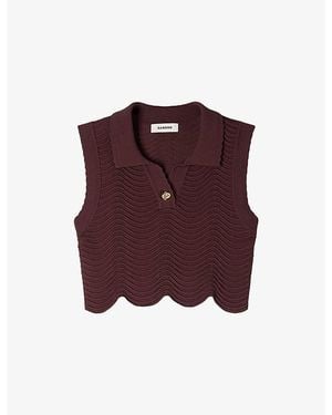 Sandro Cropped Button-Neck Stretch-Knit Top - Purple