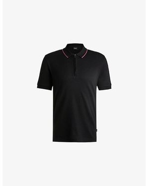 BOSS Short-Sleeved Zip-Up Cotton Polo Shirt - Black