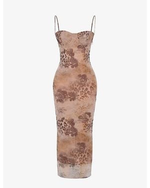 House Of Cb Aiza Floral-Print Stretch-Mesh Maxi Dress - Brown
