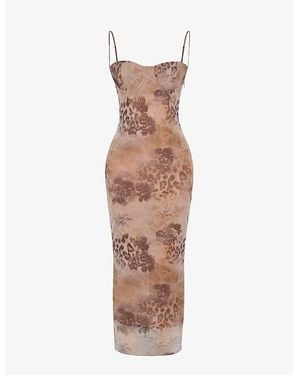 House Of Cb Aiza Floral-Print Stretch-Mesh Maxi Dress - Brown