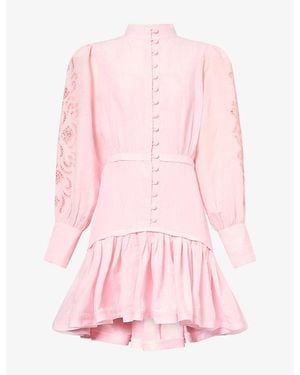Mona Alshebil Embroidered-Sleeve Drop-Waist Cotton Midi Dress - Pink