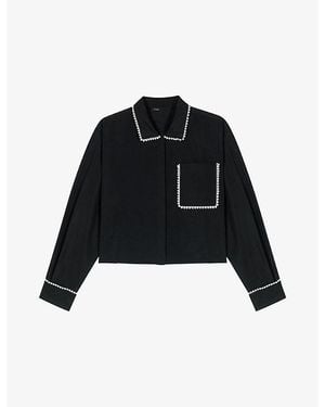 Maje Cropped Embroidered-Trim Woven Shirt - Black