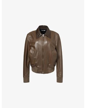 Bottega Veneta Intrecciato-Collar Leather Bomber Jacket - Brown