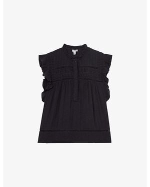 Reiss Florie Ruffle-Neck Cheesecloth Cotton Top - Blue