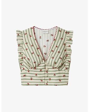 Claudie Pierlot Printed Ruffle-Trim Linen Top - White