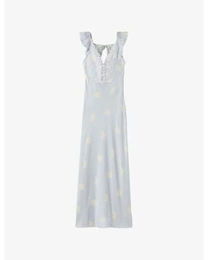 Claudie Pierlot Floral-Print Lace-Trim Satin Maxi Dress - White
