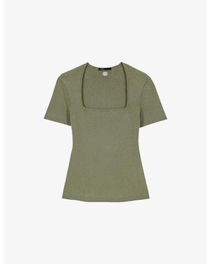Maje Ribbed Square-Neck Stretch Cotton-Blend Top - Green