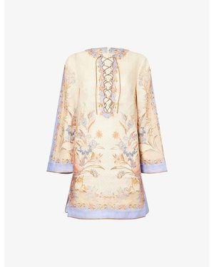 Zimmermann Indra Floral-Print Linen Tunic Mini Dress - Natural