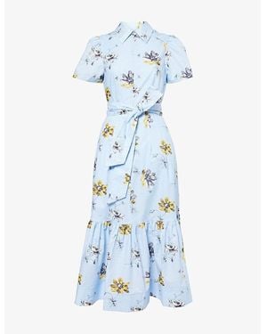 ME+EM Floral Graphic-Print Belted Cotton Midi Dress - Blue