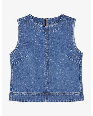 Ro&zo Sleeveless Crystal-Embellished Denim Shell Top - Blue