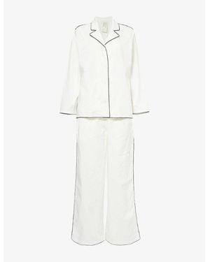 Desmond & Dempsey Contrast-Trim Long-Sleeve Cotton Pyjama Set - White