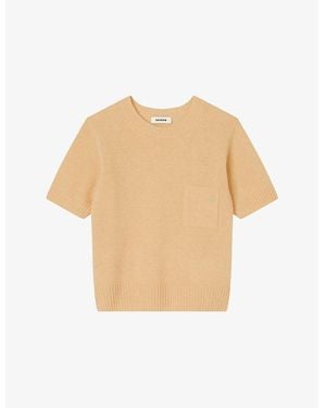 Sandro Logo-Embroidered Short-Sleeve Wool Sweater - Natural