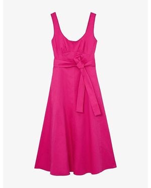 Reiss Irina Belted-Waist Stretch-Cotton Midi Dress - Pink