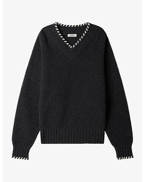 Sandro Braided V-Neck Wool-Blend Jumper - Black