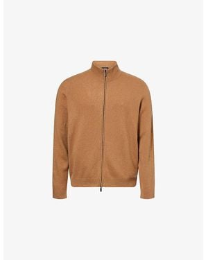 Emporio Armani Funnel-Neck Embroidered-Logo Cashmere-Knit Cardigan - Brown