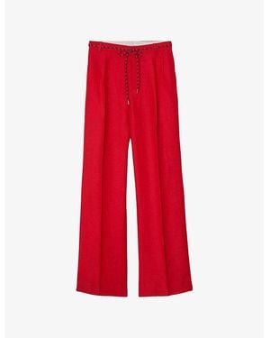 Sandro Removable-Belt High-Rise Linen-Blend Pants - Red