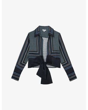 Reiss Jackson Tie-Front Linen Top - Blue