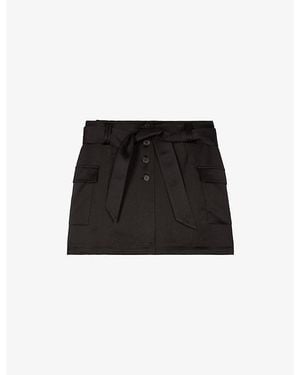 The Kooples Belted-Waist Side-Pocket Satin Mini Skirt - Black