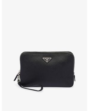 Prada Logo-Plaque Saffiano-Leather Clutch - Black
