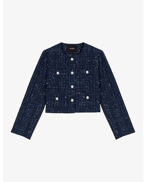 Maje Tweed-Textured Cropped Cotton-Blend Jacket - Blue