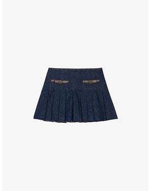 Maje Contrast-Trim Pleated Stretch-Denim Mini Skirt - Blue
